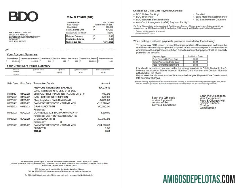 Extrato de cartão de crédito bancário BDO das Filipinas, modelo de 2 páginas